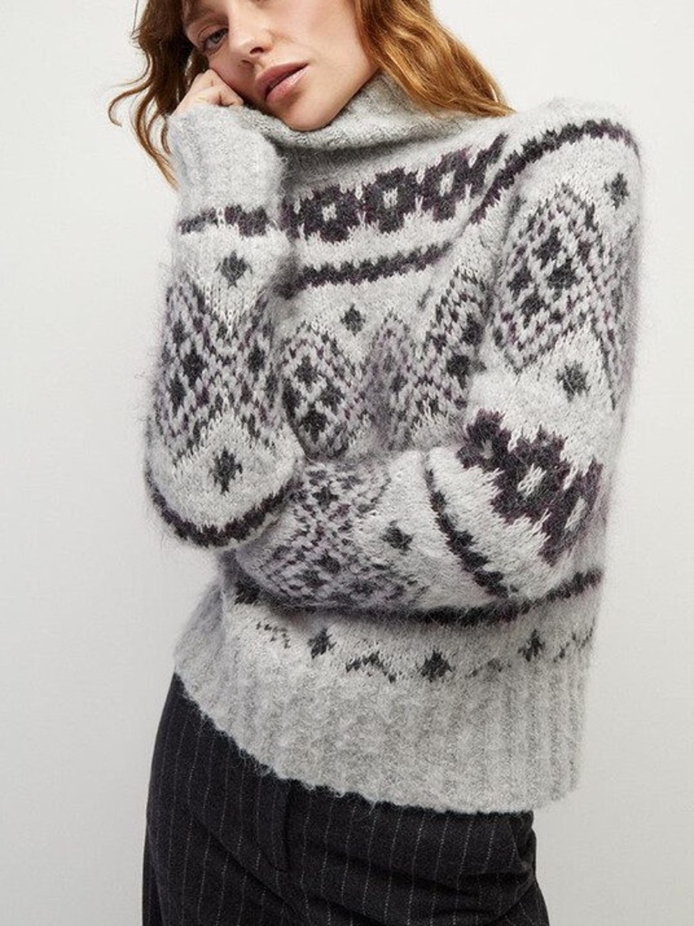 Veronica Beard Cozy Grey Fair Isle Sweater Alpaca Mohair Wool Cottagecore Ski M